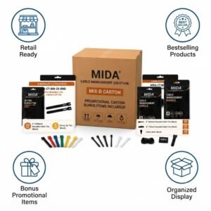 MIDA MIX-D Promotional Distribution Carton – 5 Cable Management Bundles, 20 Retail Pouches with Bonus Items - Image 4