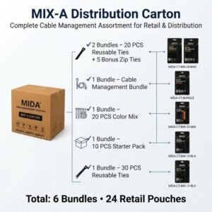 MIDA MIX-A Distribution Carton – 6 Cable Management Bundles, 24 Retail Pouches, Reusable Cable Ties Assortment - Image 3